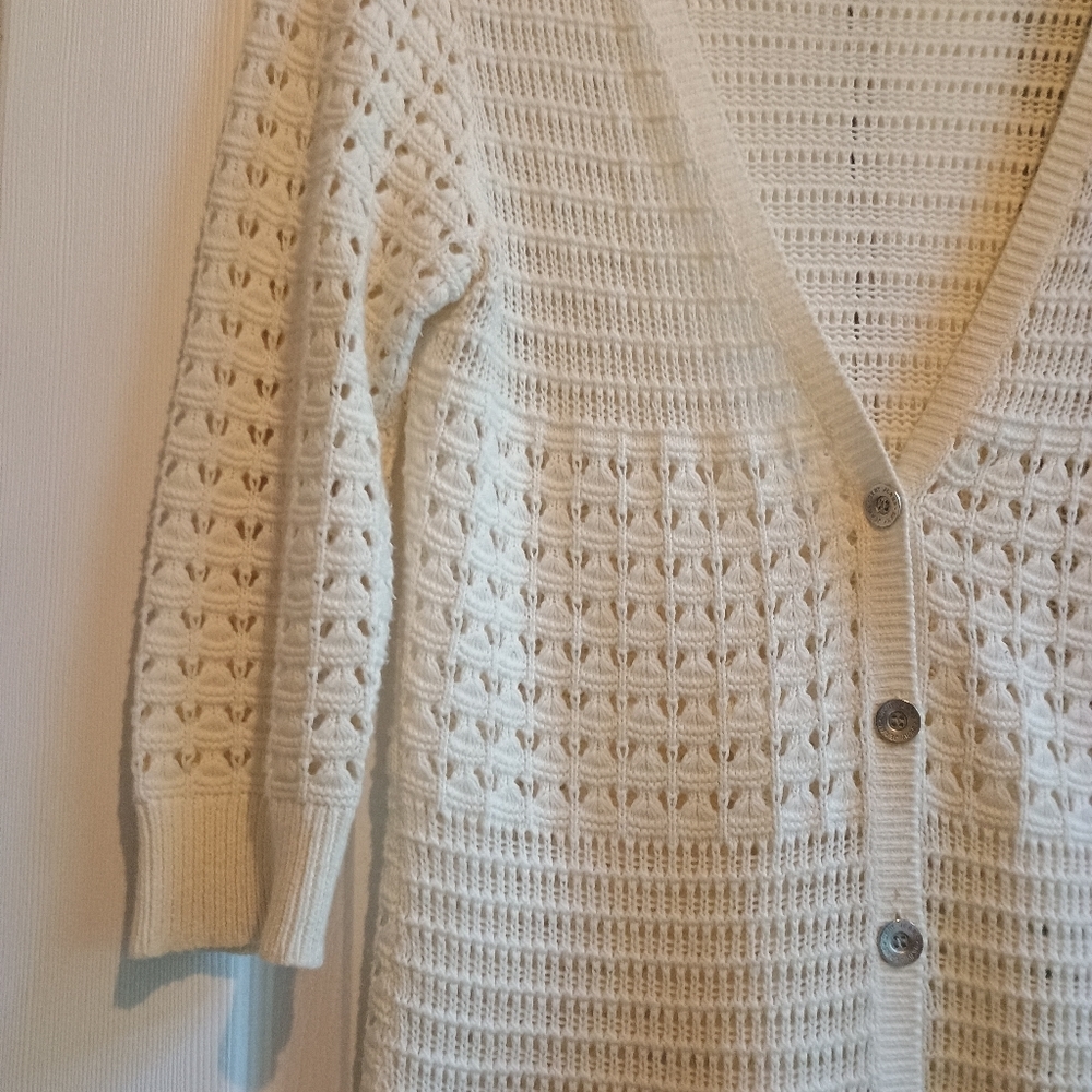 DKNY 100% Cotton Open Weave Cardigan Sz S Long Boho Layering Coastal Grandma‎ - Picture 6 of 12